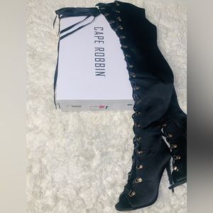 New Satin Black Over the knee lace up with boots w/ gold accents by Cape Robin